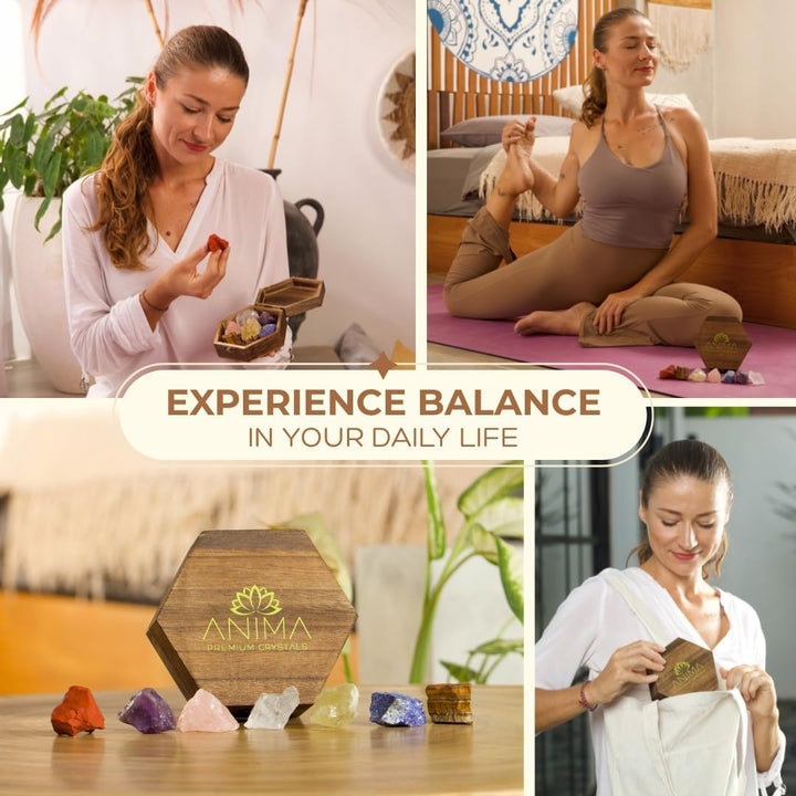 Premium 7 Chakra Healing Crystals Set for Energy Alignment - Large Raw Amethyst, Rose Quartz, Citrine, Lapis Lazuli, Clear Quartz, Tigers Eye & Red Jasper - Wooden Gift Box & Guidebook Included