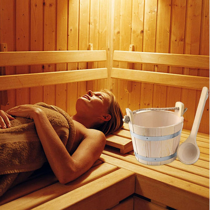 Sauna Kit 9.9'' Plastic-Liner Preservative Wood Sauna Bucket with Ladle Reinforced Barrel Sauna with Thick Handle for Sauna Bathroom