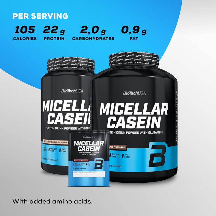 Micellar Casein Protein Powder | Extended Absorbtion Time | Gluten-Free, and Fat-Free | Added L-Glutamine, 908 G, Strawberry Casein protein, Slow-digesting protein, Protein supplement, Protein powder, Muscle recovery protein, Fitness protein, High protein