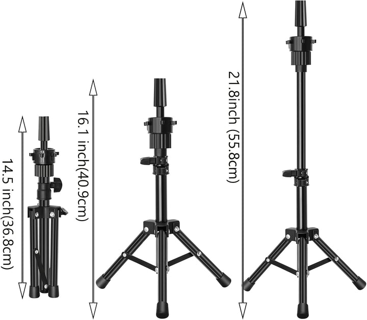 Mini Mannequin Head Tripod, Adjustable Wig Stand Tripod, Mannequin Head Stand Holder for Hairdressing Training (Black)