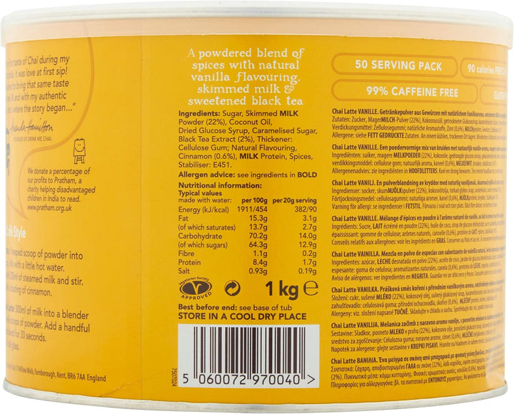Vanilla Chai Latte 1Kg (Pack of 1) - Just Add Water, Vanilla Chai Latte Powder (50 Servings)