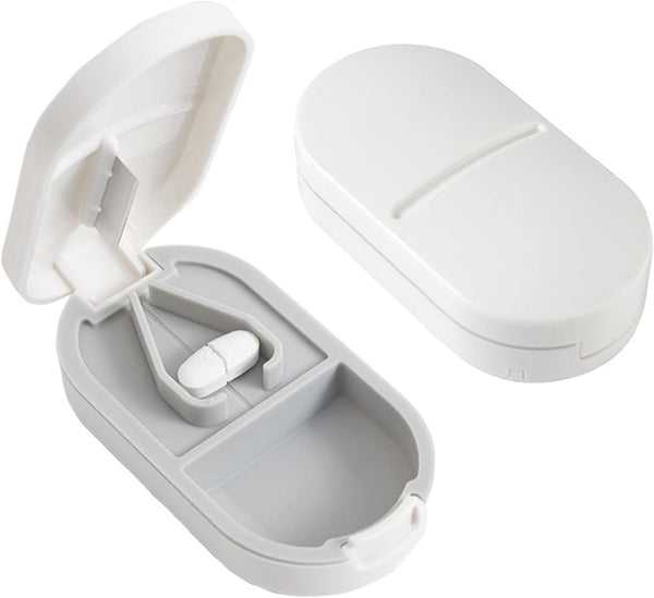 Pill Cutter Travel Portable Tablet Cutter with Blade and Storage Compartment，Pill Box Organiser, Small or Large Pills Cut in Half Quarter for Pills Tablets (White)