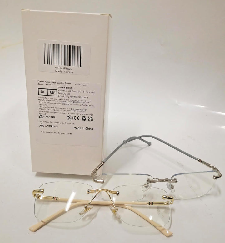 Eyewear Glasses Frameless Fashion, Gold Silver Non-Prescription Clear Lense Fake Glasses for Women and Men 2 Pack