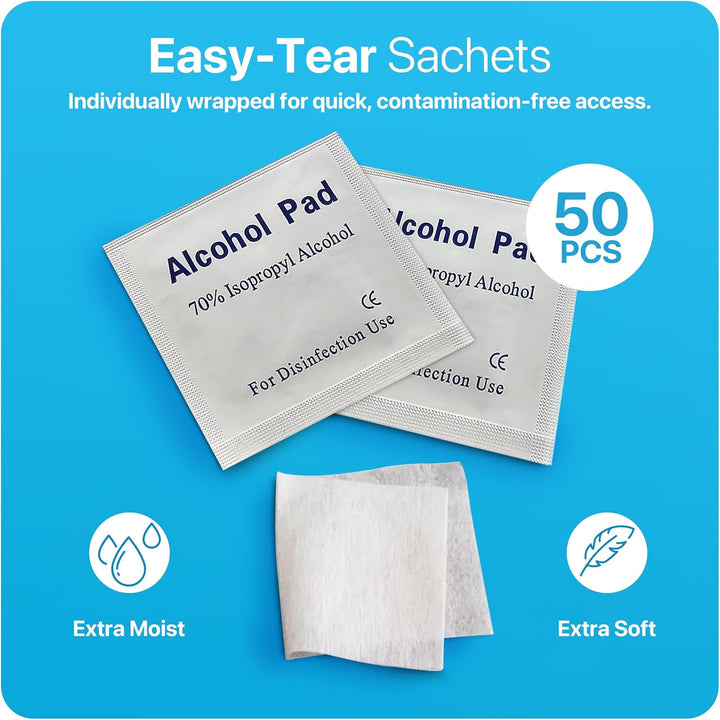 70% Alcohol Pre-Injection Isopropyl Wipes - Individually Wrapped First Aid Skin Cleaning Easy-Tear Sachet Wipes (50PCS)
