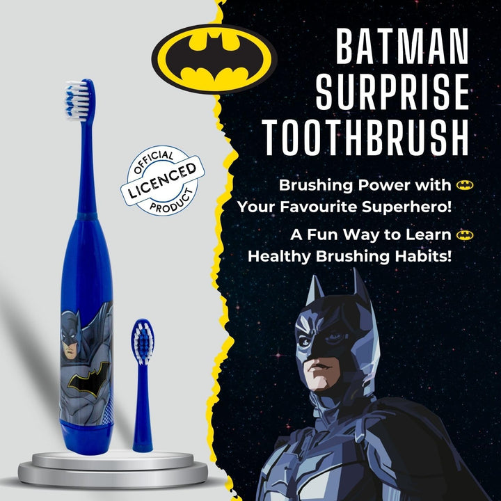 Batman Battery Powered Toothbrush for Kids – Soft & Zig-Zag Bristles for Superior Cleaning, Gentle on Teeth & Gums, Easy-Grip Handle, Includes Replacement Head & Battery, Ages 3+