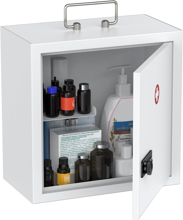 Wall Mount Medicine Cabinet with Key Lock & Handle Locking First Aid Lockable Medical Storage Box Medium Medicine Organizer Secure Steel Wall Cabinet Metal Storage Box, White