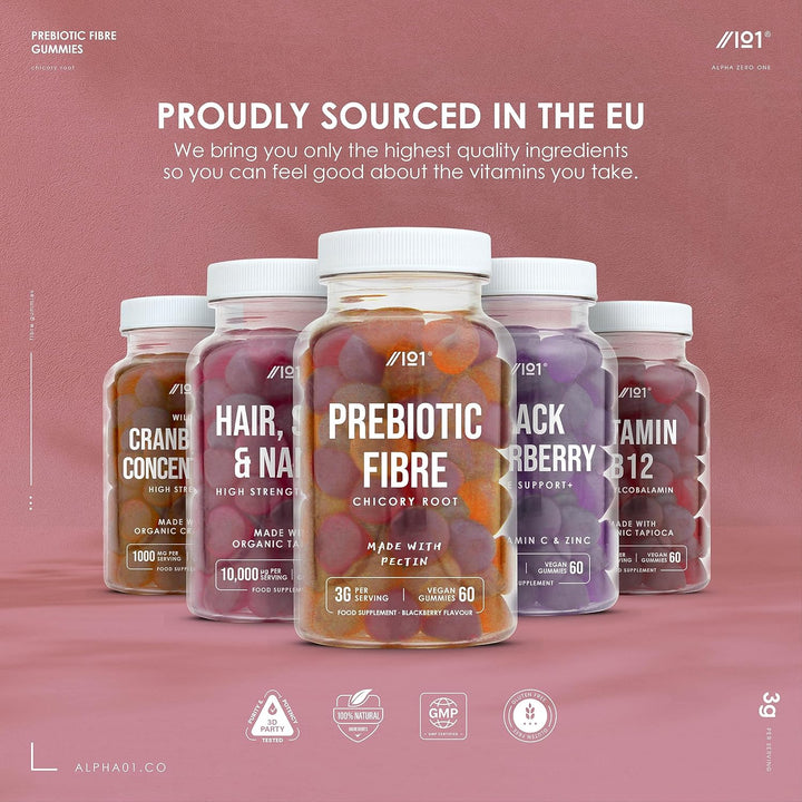 Prebiotic Fibre Gummies 3G - 60 Vegan Gummies - Chicory Root Inulin, Blackberry, Strawberry & Peach Flavour (30 Day Supply) by