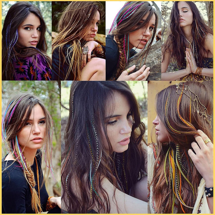 20Pcs Feather Hair Extensions, Colored Hair Extensions Kits, Colorful Hairpieces Feathers, Synthetic Hair Extension Kits with 50 Micro Beads and 1 Crochet Hook for Girls Women