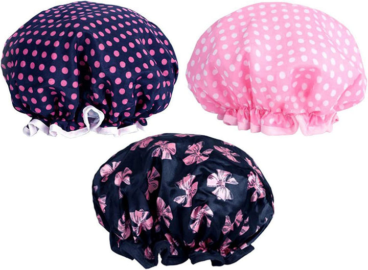 Prettydate 3 Packs Double Layer Shower Cap Waterproof Elastic Bath Cap for Women Shower Spa Salon