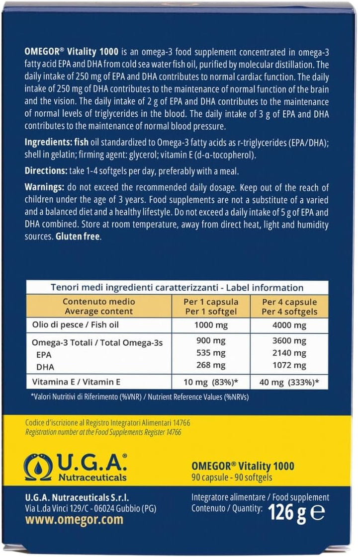 Omega 3 Capsules High Strength -  Vitality 1000 Omega3 Supplement with 535Mg EPA and 268Mg DHA for Heart, Brain and Eye Vision - No Fishy Aftertaste (90 Softgel Caps)