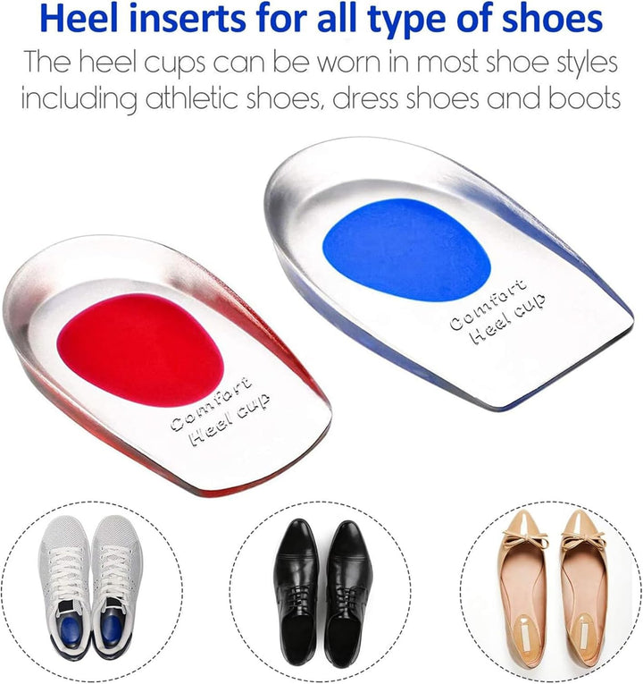 2 Pairs Gel Heel Cups, Silicone Heel Cup Pads for Plantar Fasciitis, Heel Spur & Achilles Pain, Gel Heel Cups and Cushions Absorbing Support (L)