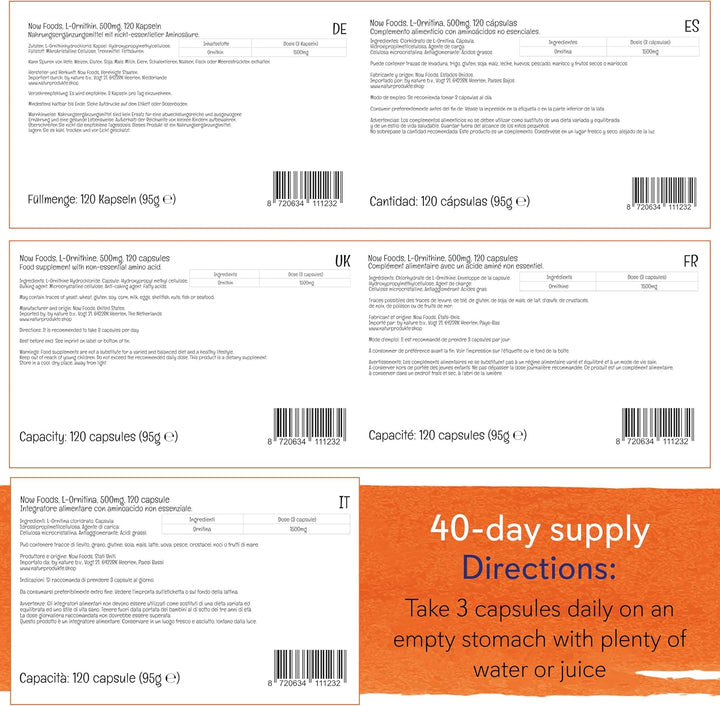 Foods, L-Ornithine, 500Mg, 120 Vegan Capsules, Lab-Tested, Amino Acid, Gluten Free, Soy Free, Vegetarian