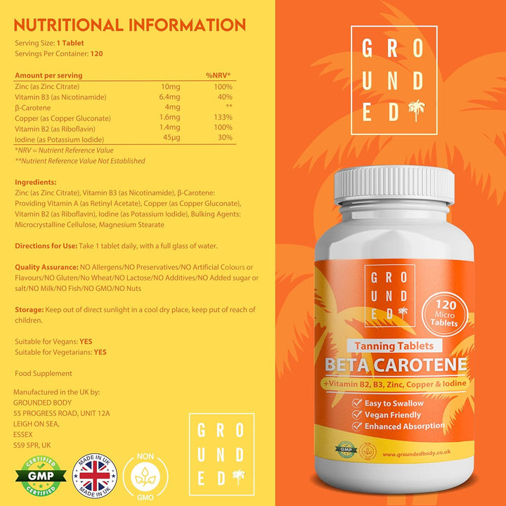 Grounded Beta Carotene Tanning Tablets | 120 Tablets, 4 Month Supply | with Zinc, Vitamin A, B2, B3, Copper & Iodine | High Strength Antioxidant Support | Vegan-Friendly & Made in the UK