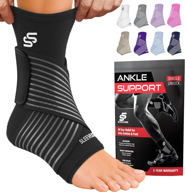 Sleeve Stars Ankle Brace for Women & Men, Ankle Wrap for Sprain, Compression Sleeve for Plantar Fasciitis Relief, Easy Customizable Support: W/Removable Strap (Single/M:10"-12"/Black)