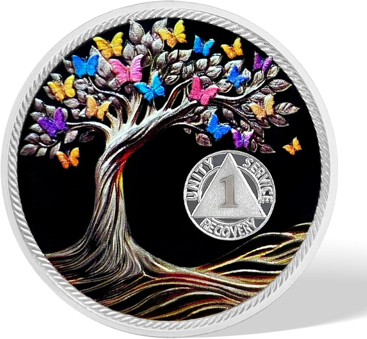 1 Month Sobriety Coin Butterfly Tree of Life AA Chips and Medallions,Sobriety Recovery Chip Sober Token Sobriety Gifts for Men Women Celebrating Alcoholics Anonymous Recovery