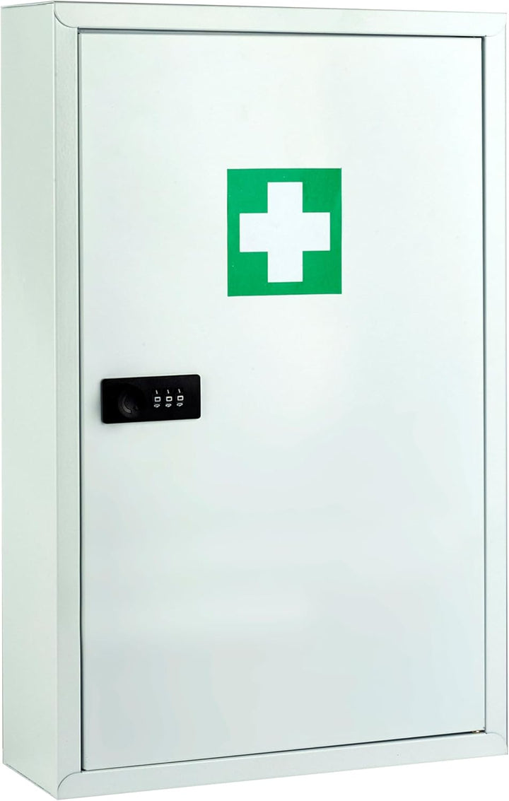Medcab Medical Cabinet | Wall-Mounted First Aid Metal Box with Mechanical Combination Lock | Hospital Clinic Medicine Storage Safe |