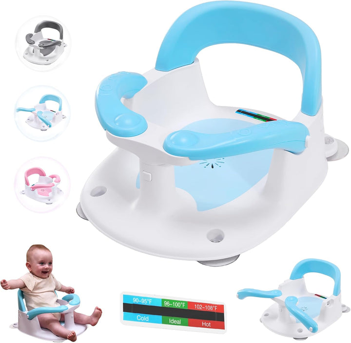 Baby Bath Seat for Babies 6 Months & up with Thermometer Sticker, One-Touch Button for Easy Armrest Opening, Baby Sit up Bath Chair (Gray)