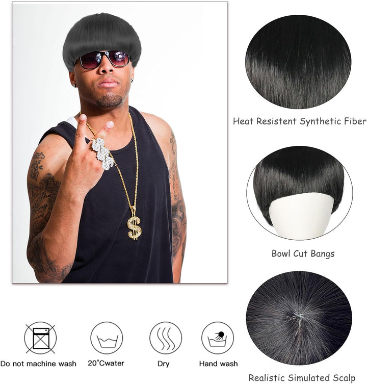 Short Black Straight Wig for Men Women, Short Mushroom Wig with Full Bang Funny Bowl Cut Hairstyle, Men'S 60S 70S 80S Hair Costume Movie Role Play Fancy Dress Cosplay Party Halloween (Black)