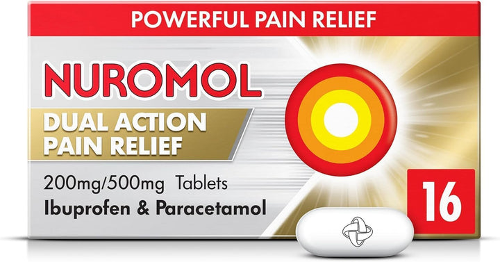 Nuromol Dual Action Ibuprofen Paracetamol Tablets, 16 Count - Strong Painkillers for Joint, Period, Back Pain & Fever Relief
