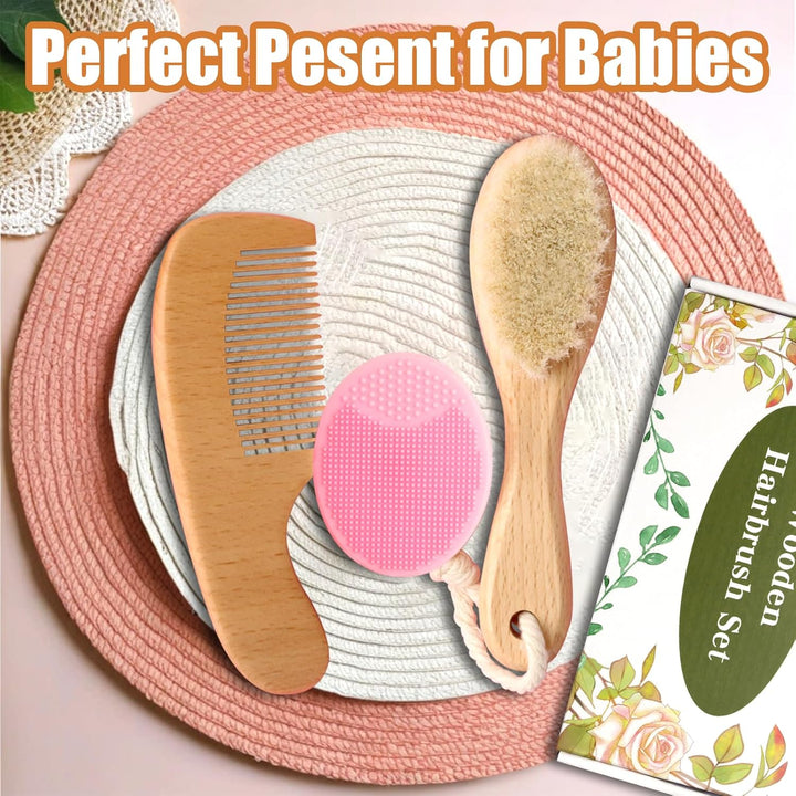Baby Wooden Brush and Comb Set, Set of 3 Soft Goat Hair Brush with Find-Teeth Comb and Cradle Cap Brush for Newborns Toddlers Newborn Boys Girls (Pink)