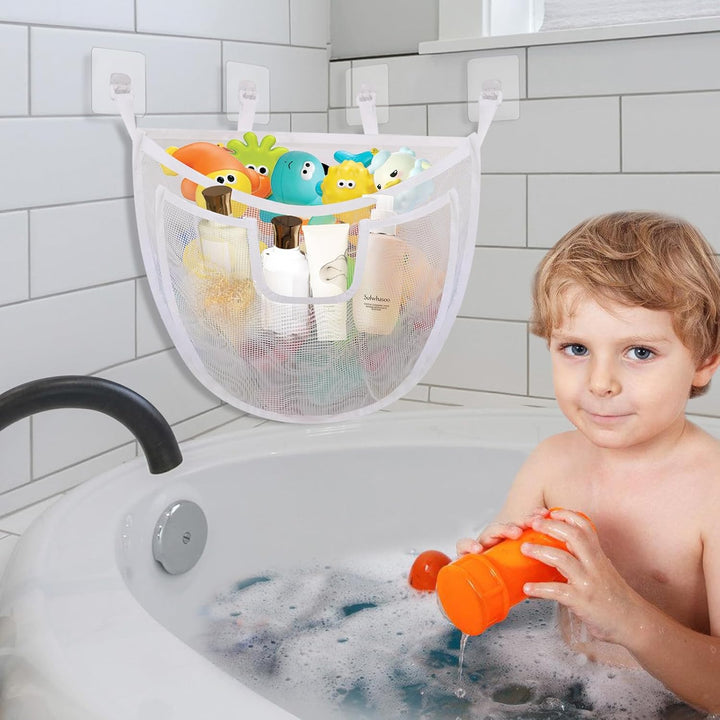 Bath Storage, Large Capacity Holder with Bottom Zipper, Quick Release Bathtub Organizer with Large Pocket, Corner Mesh Basket Bin for Bathroom Toys - White