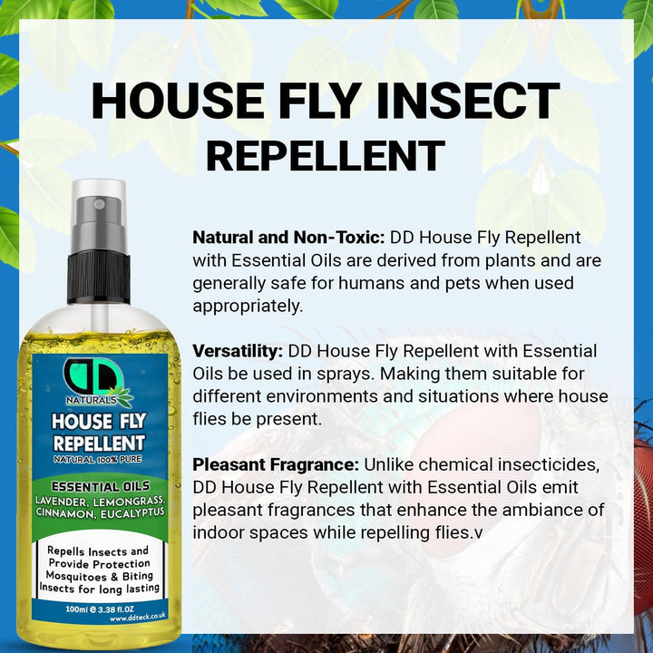 House Fly Insect Repellent with Lavender, Lemongrass, Eucalyptus & Cinnamon Essential Oil - Body Oil Deet Free (100Ml Spray)