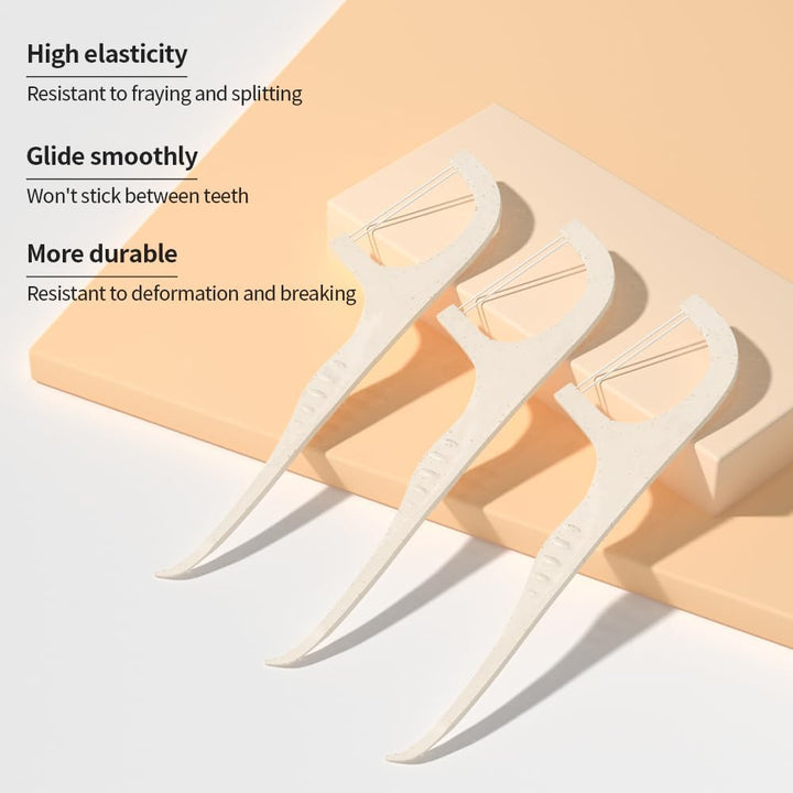 Twin-Line Dental Floss Stick -100 Pcs Eco-Friendly Wheat Straw Floss Picks, Dental Floss, Teeth Cleaning,Sustainable & Reusable, Vegan & Cruelty-Free