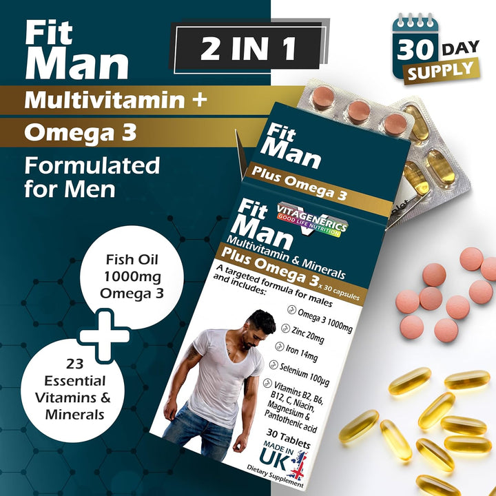 VITAGENERICS  Multivitamin & Minerals plus Omega 3, 30 Tablets plus 30 Capsules, with Zinc, Iron & B Vitamins, Made in UK