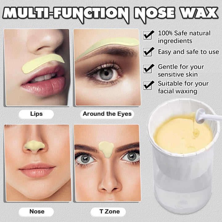 Nose Wax Kit for Men and Women, Nose Hair Removal Wax with 100G Nasal Hair Wax 20 Safe Tip Applicator, 10 Wooden Applicators,10 Containers and 10Moustache Stencils as a Christmas Gifts