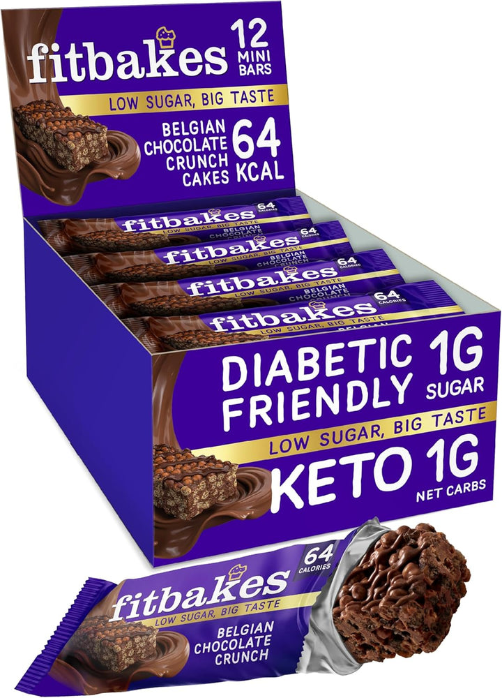 64 Calories Belgian Chocolate Mini Bars (12X19G) Diabetic Chocolate Keto Snack, 1 Net Carb Low Sugar Crunch Cake, Diabetic Sweets Biscuits, Low Calorie Snack, No Added Sugar, Fitbakes