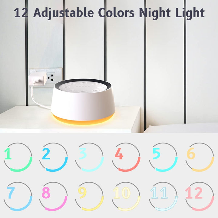White Noise Machine Sound Machine with 30 Soothing Sounds for Sleeping 12 Colors Night Light Plug in Brown Noise Machine Adults Baby Kids Sleep Machine Memory Function 36 Volume Level 5 Timer for Home