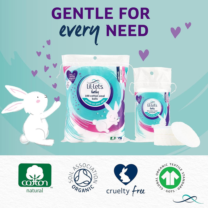 Baby Cotton Wool Oval Pads, Certified Organic, 100% Pure Cotton Wool, Soft and Absorbent, Gentle on Baby'S Delicate Skin, Dermatologically Tested, Ideal for Newborns, Pack of 50 Oval Pads