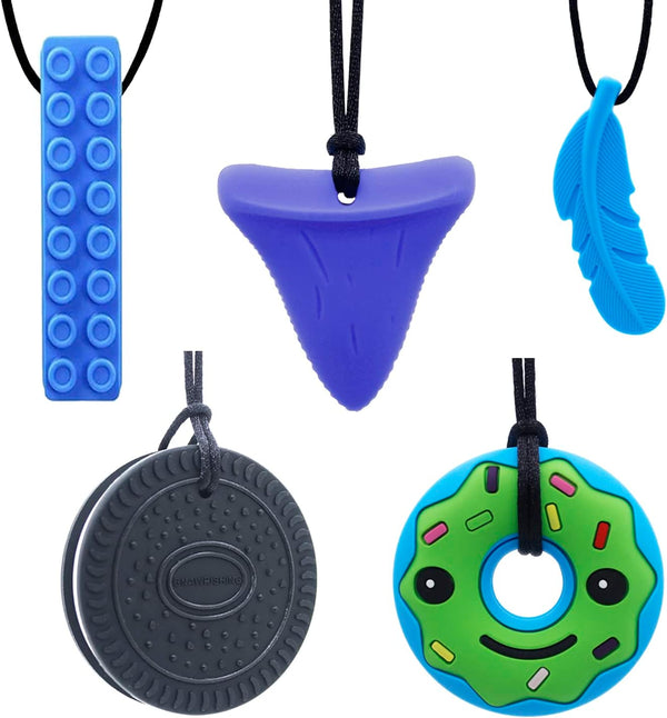 Chew Necklaces for Sensory Kids 5 Pcs Blue Sensory Chewy Toys for Autism Girls and Boys, ADHD Toddler, Adult