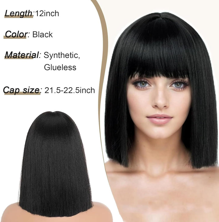 Black Bob Wig for Women, 14" Straight Bob Flat Bangs Short Black Wigs Shoulder Length, Short Bob Straight Wig with Bangs, Carnival Party Cosplay Halloween Hair Wigs for Girls Women