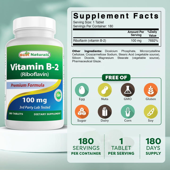 Vitamin B2 Riboflavin 100 Mg 180 Tablets