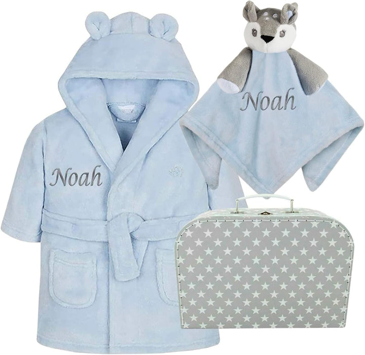 Newborn Baby Boy Gift Set Personalised New Baby Gift Blue Baby Dressing Gown Comforter Hamper Present