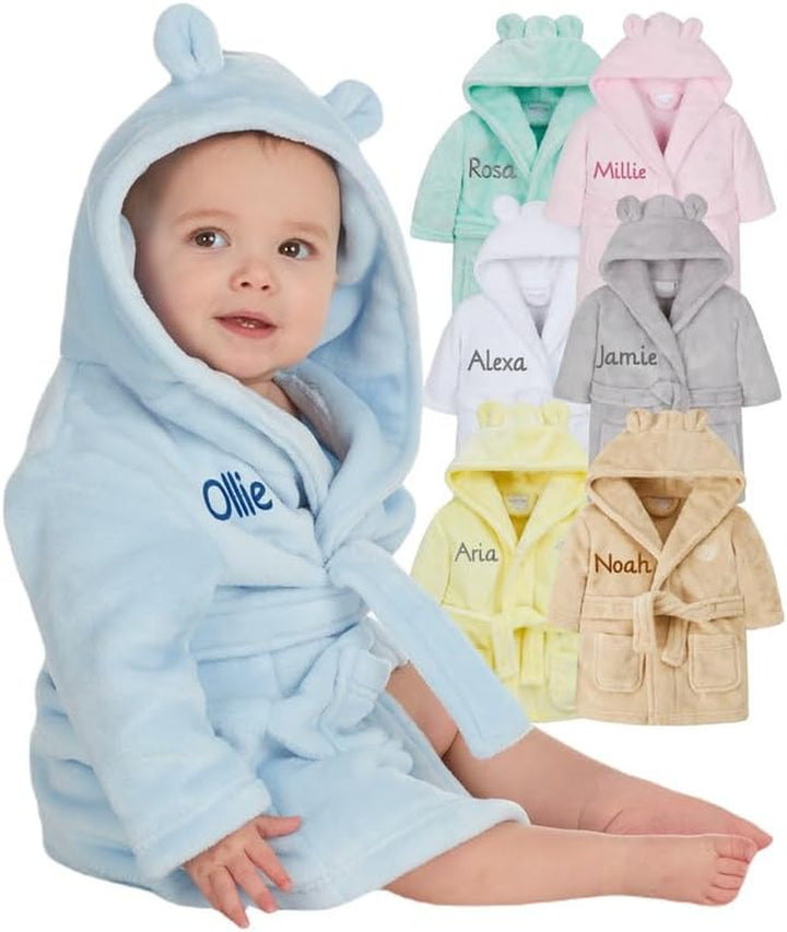 Personalised Baby Bathrobe Hooded Fleece Dressing Gown Super Soft Gifts Bath Robe for Boys Girls Cute Teddy Ears 0-4 Years