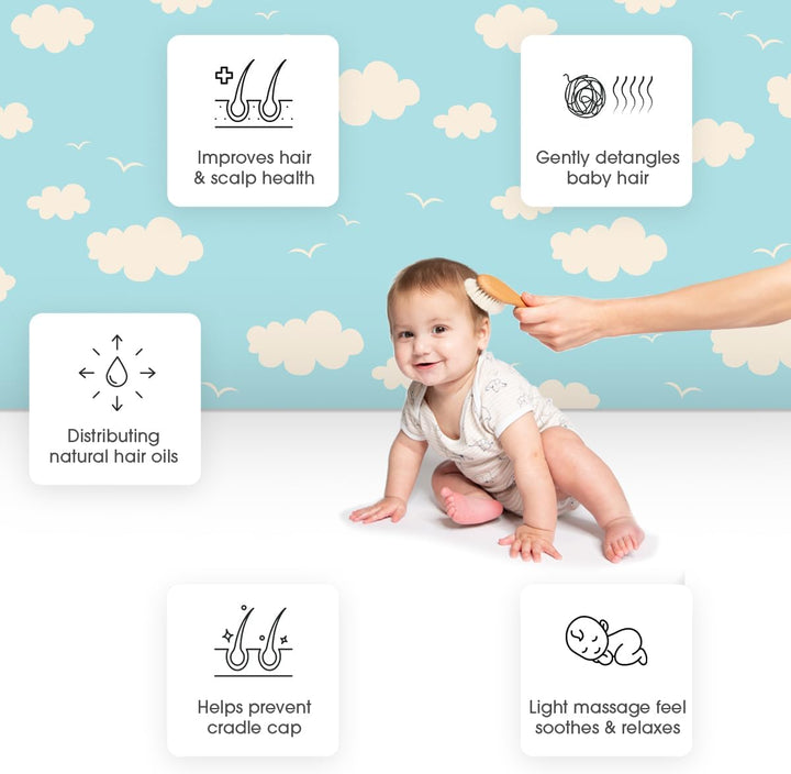 ® Natural Baby Hair Brush Soft | Safe Wooden Handle & Smooth Goat Bristles for Newborns Toddlers | Maintain Scalp Health, Prevent Cradle Cap | Girl Boy Gift Registry