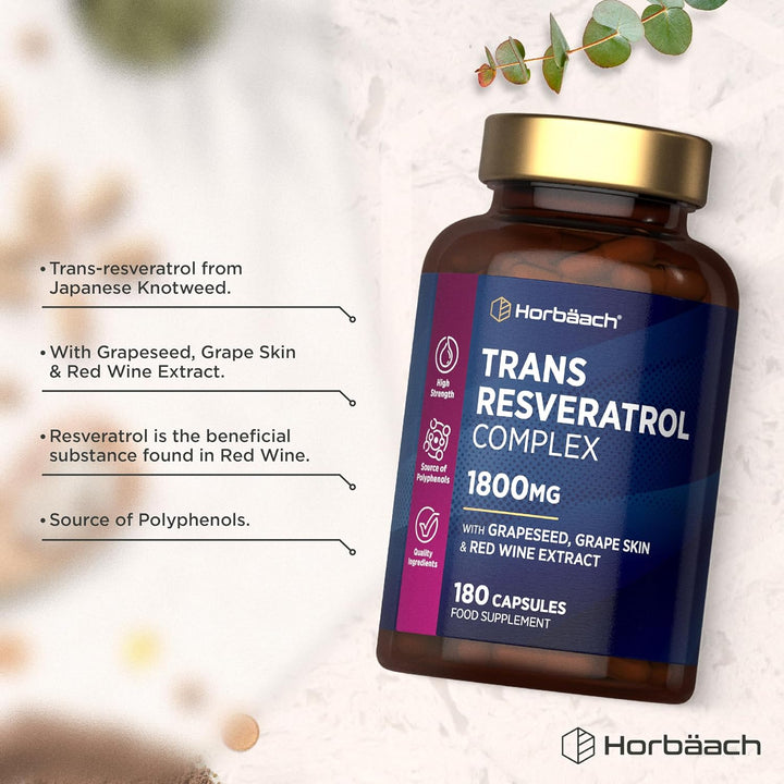 Resveratrol Supplement 1800Mg | 180 Capsules | Trans Resveratrol Complex with Grapeseed, Grape Skin, Red Wine Extract and Blueberry | Source of Polyphenols | by