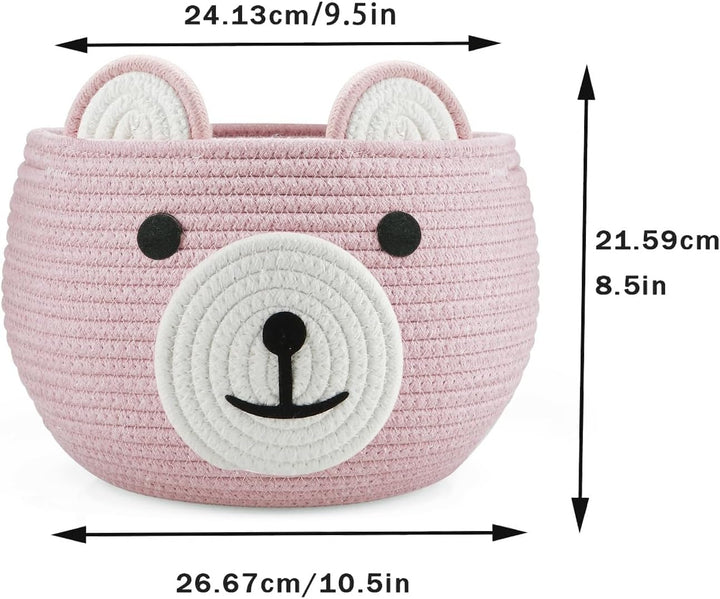 Cotton Rope Baby Basket, Baby Gift Basket Nursery Laundry Organizer with Cute Bear Design for Storage Infant Newborn Essentials, Diaper Caddy with Handle (Pink)