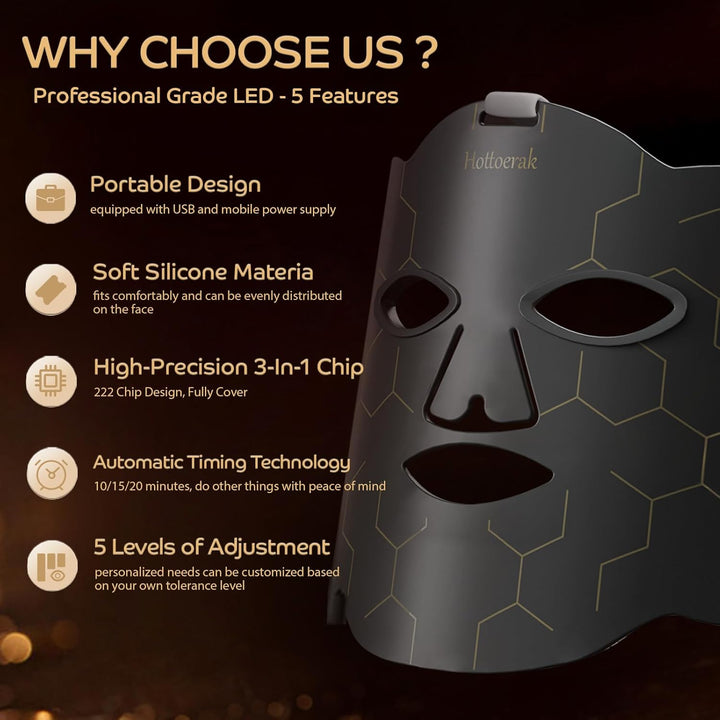 Red Light Mask, 660Nm&850Nm Silicone Infrared Light Mask with 5 Brightness & 10/15/20Min Timer, 222Chips Flexible LED Mask for Home Use