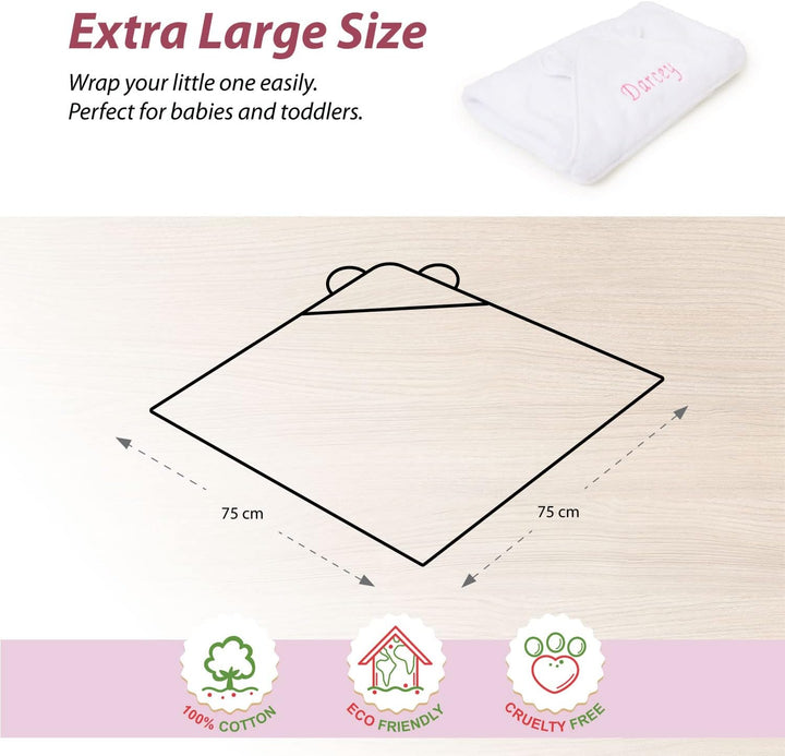 Personalised Newborn Baby Hooded Bath Towel - Soft, Cuddly, Highly Absorbent and Machine Washable Towel with Ears for Your New Baby Girl or Boy That Will Grow with Them, 75Cm X 75Cm