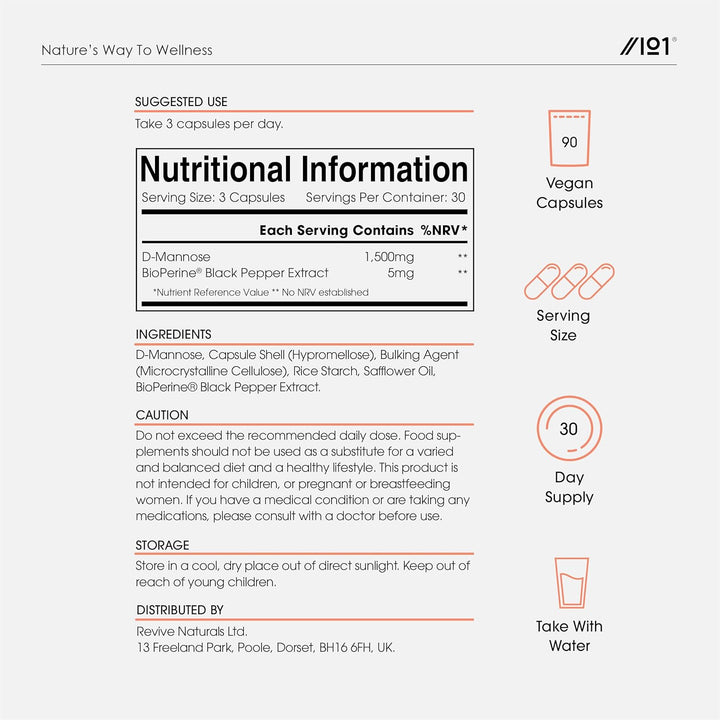 D-Mannose 1500Mg with Bioperine® – 90 Vegan Capsules – Made with Bioperine® Black Pepper for Higher Bioavailability – Resealable and Recyclable Pouch – by ®