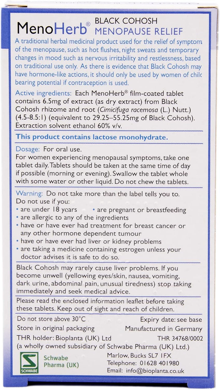 Pharma - Menoherb - Menopause Relief - Black Cohosh Root Extract 6.5Mg - Traditionally Used for Hot Flushes, Night Sweats and Mood Swings - 30 Tablets