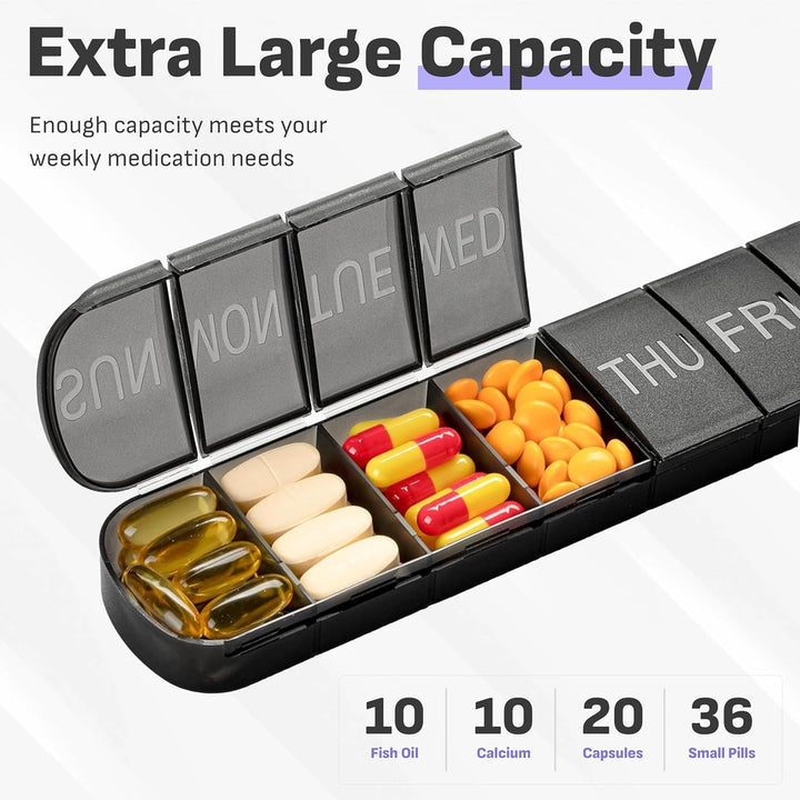 Black Weekly Pill Box Organiser with Upgraded Open Design | Premium Quality 7 Day Travel Tablet Box | Portable Pill Case for Medications, Vitamins, and Supplements