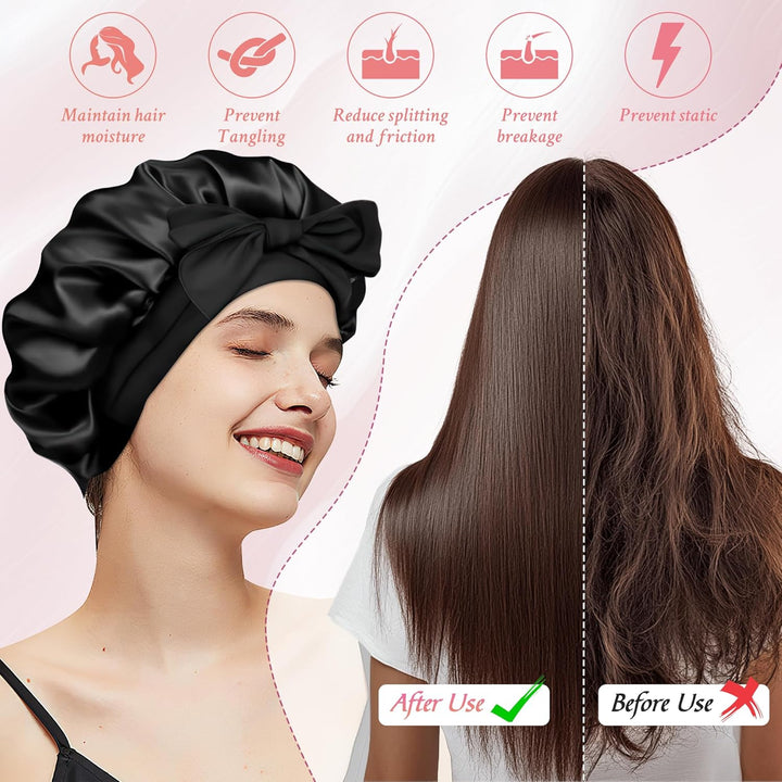 Pack of 2 Silk Caps for Sleeping with Hair Bobbles, Adjustable Satin Hair Cap, Silk with Elastic Waistband, Soft Sleep Cap, Women'S Hair Protection for the Night, Bonnet Sleep Cap, Long Hair