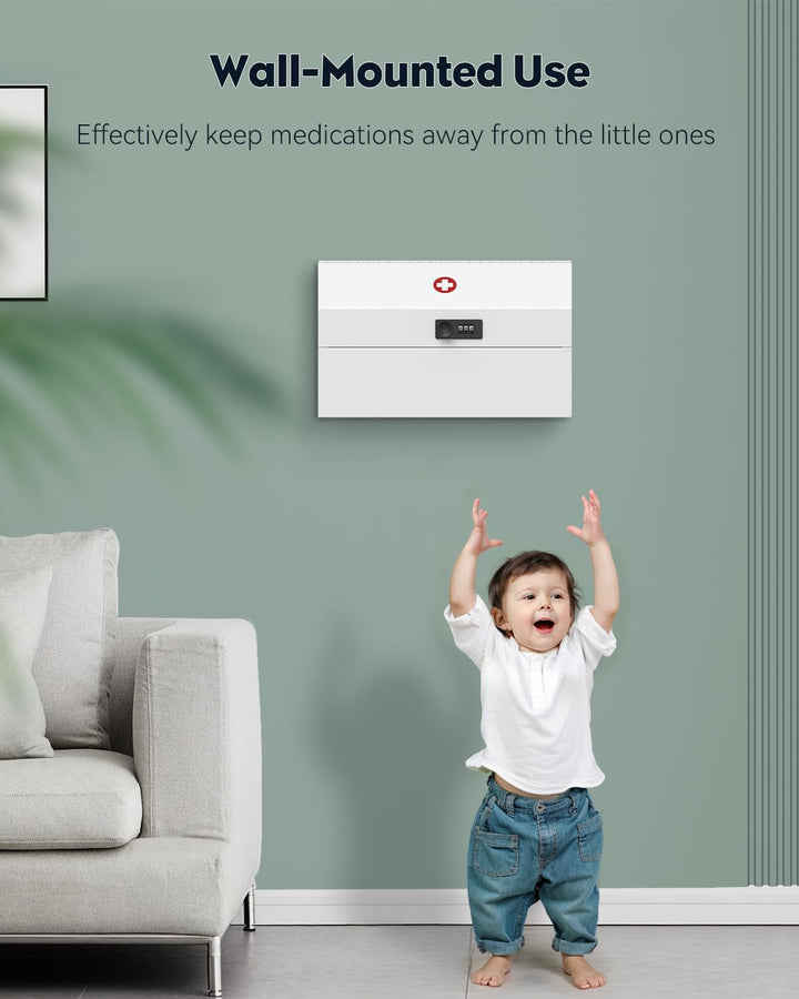 Wall Mount Medicine Cabinet with Combination Lock Locking First Aid Cabinet Lockable Medical Cabinet Small Medicine Organizer Metal Storage Box, White