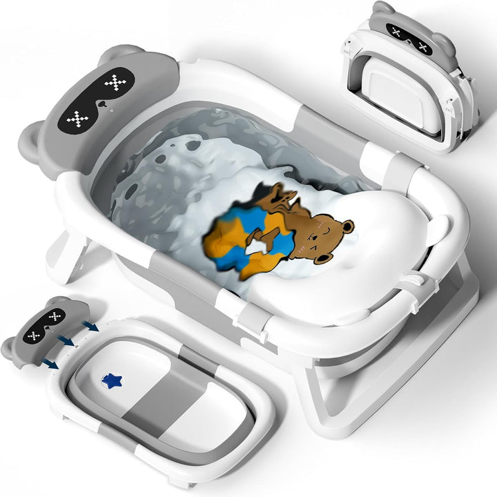 Baby Bath Tub Foldable, Baby Bathtub Collapsible Essentials for Newborn with Soft Cushion (0-18Months), Baby Shower for Infant to Toddler Gift Portable Space-Saving Travel,Grey