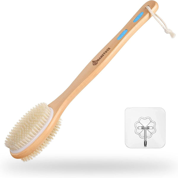Back Scrubber, 43Cm Long Wooden Double-Sided Shower Body Brush with Soft Bristles for Sensitive Skin and Stiff Bristles for Exfoliating Skin