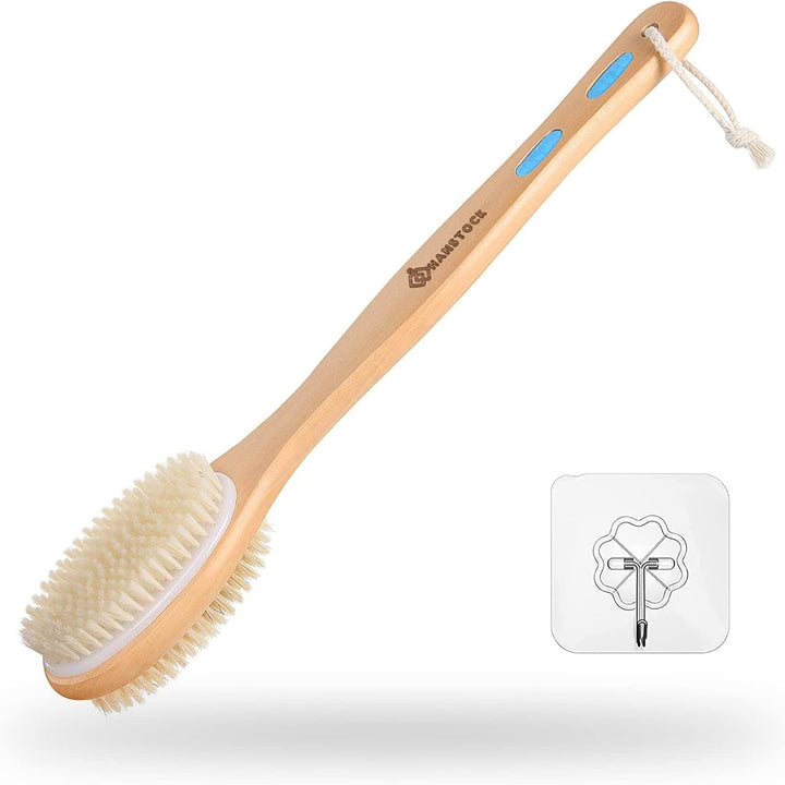 Back Scrubber, 43Cm Long Wooden Double-Sided Shower Body Brush with Soft Bristles for Sensitive Skin and Stiff Bristles for Exfoliating Skin